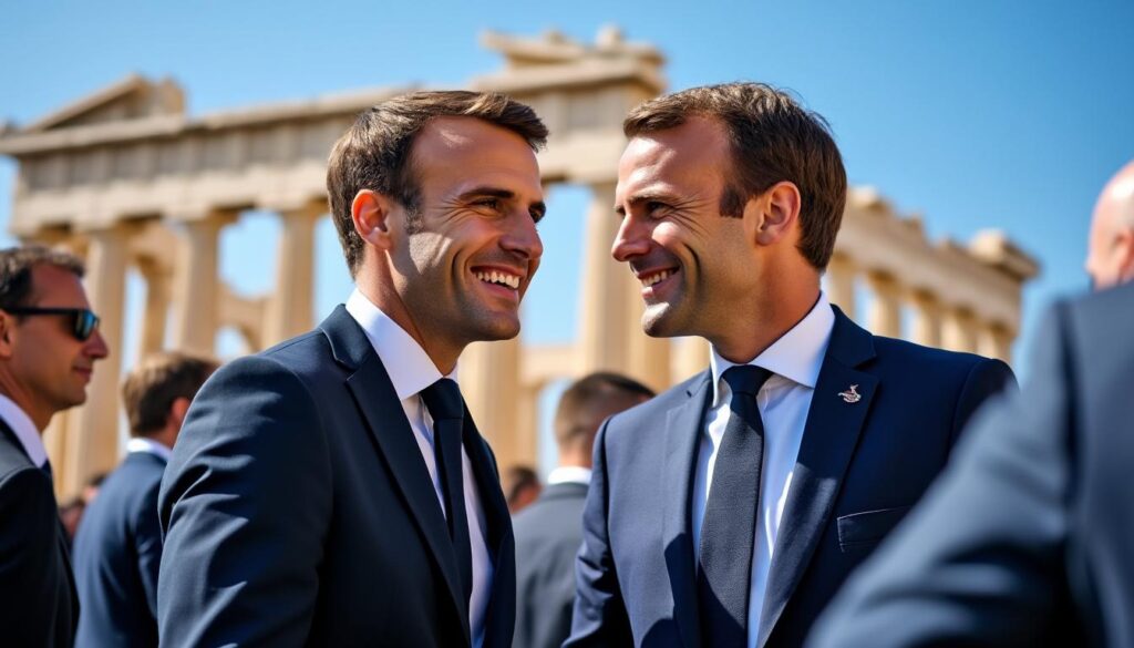 découvrez la visite d'emmanuel macron en grèce et la présence marquante d'une figure emblématique française à ses côtés lors de cet événement diplomatique important.