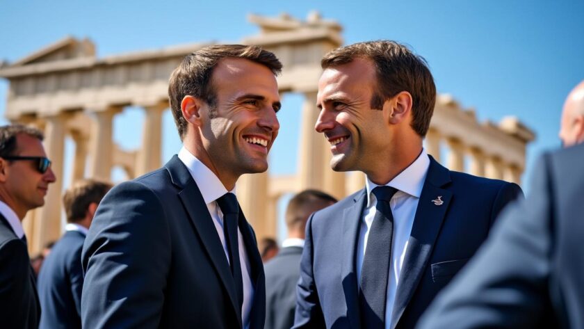 découvrez la visite d'emmanuel macron en grèce et la présence marquante d'une figure emblématique française à ses côtés lors de cet événement diplomatique important.