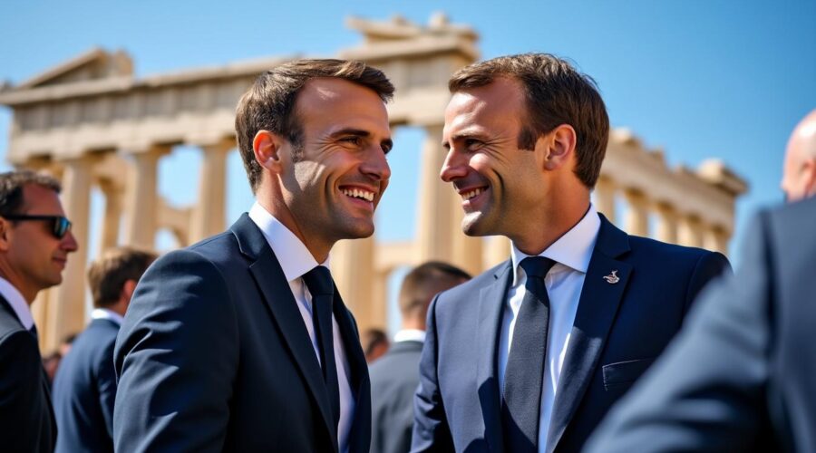 découvrez la visite d'emmanuel macron en grèce et la présence marquante d'une figure emblématique française à ses côtés lors de cet événement diplomatique important.
