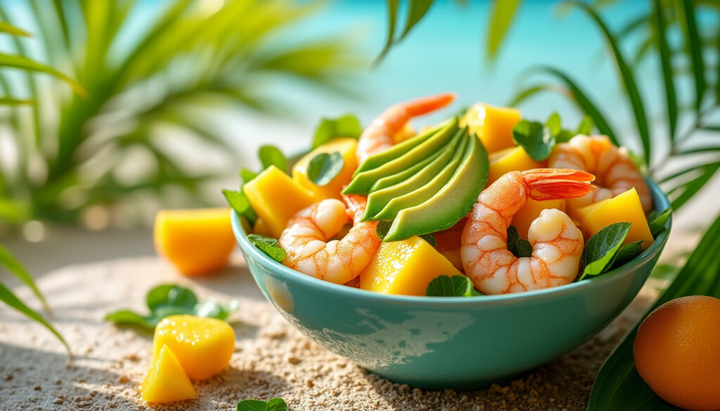 savourez une évasion estivale avec une salade fraîche et légère de crevettes, avocat et mangue, pour un véritable voyage tropical dans votre assiette. parfaite pour les journées ensoleillées!