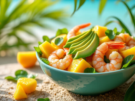 savourez une évasion estivale avec une salade fraîche et légère de crevettes, avocat et mangue, pour un véritable voyage tropical dans votre assiette. parfaite pour les journées ensoleillées!