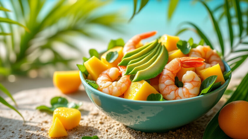 savourez une évasion estivale avec une salade fraîche et légère de crevettes, avocat et mangue, pour un véritable voyage tropical dans votre assiette. parfaite pour les journées ensoleillées!