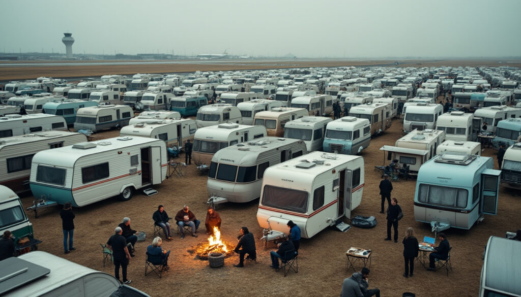 près d'une centaine de caravanes de gens du voyage investissent un aérodrome pour dénoncer leurs difficultés à exercer leur travail, mettant en lumière leurs revendications et conditions de vie.