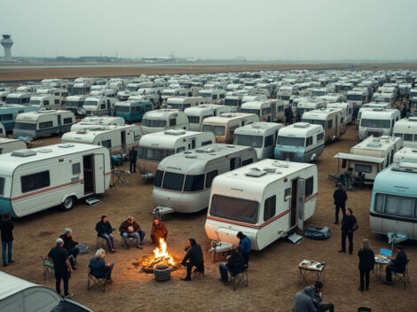 près d'une centaine de caravanes de gens du voyage investissent un aérodrome pour dénoncer leurs difficultés à exercer leur travail, mettant en lumière leurs revendications et conditions de vie.