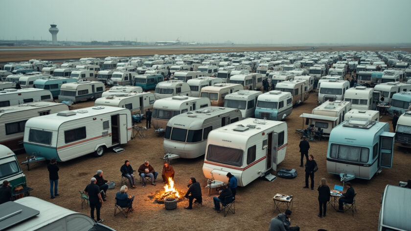près d'une centaine de caravanes de gens du voyage investissent un aérodrome pour dénoncer leurs difficultés à exercer leur travail, mettant en lumière leurs revendications et conditions de vie.